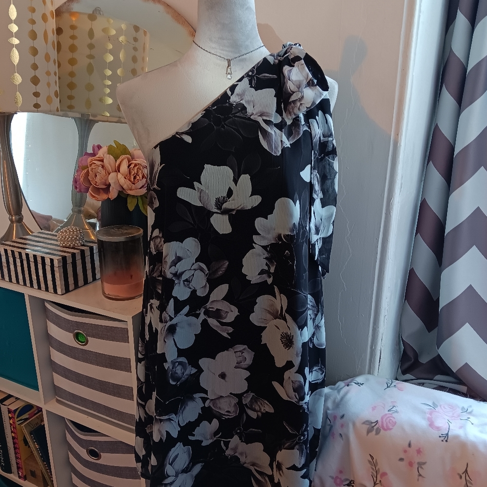 EXPRESS One Shoulder Sleeveless Lined Bow Floral Dress Holiday - Picture 2 of 9